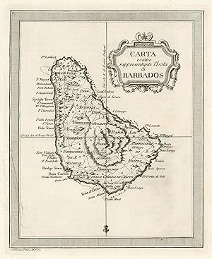 Bild des Verkufers fr Kupferstich- Karte, aus "Gazzetiere Americano" v. D. Verem. Rossi, "Carta e satta rappresentante l'Isola di Barbados". zum Verkauf von Antiquariat Clemens Paulusch GmbH