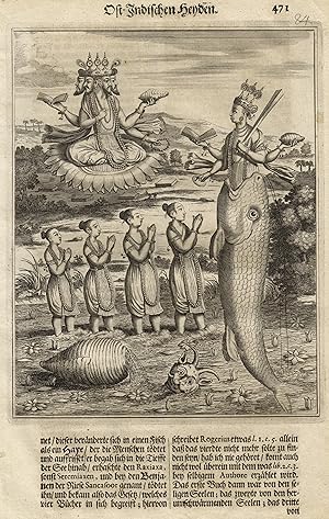 Bild des Verkufers fr Ost-Indische Heyden (u.a. vierkpfige Gottheit auf einer Blte schwebend, Fische, der eine vierarmige Person schluckt, Monsterkopf und Muschel). zum Verkauf von Antiquariat Clemens Paulusch GmbH