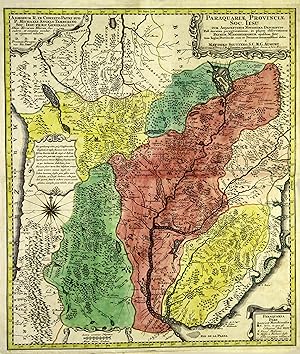 Bild des Verkufers fr Kupferstich- Karte, v. M. Seutter, "Paraquariae Provinciae Soc. Iesu Cum Adiacentibus Novissima Descriptio Post iteratas peregrinationes et plures observationes Patrum Missionariorum.". zum Verkauf von Antiquariat Clemens Paulusch GmbH