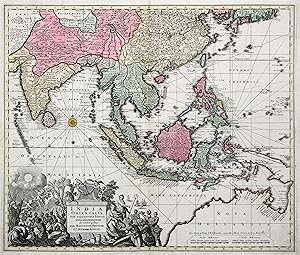 Bild des Verkufers fr Kupferstich- Karte, b. M. Seutter, "India orientalis, cum adjacentibus Insulis nova delineatione ob oculus posita per Matthaeum Seutter. S.C. M. Geogr. August". zum Verkauf von Antiquariat Clemens Paulusch GmbH