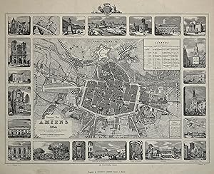 Stadtplan, umgeben von 22 Randansichten, "Nouveau Plan Amiens 1854".