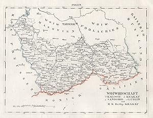 Lithografie- Karte, aus Schliebens Atlas von Europa, "Woiwodschaft 2. Kalisch. 3. Krakau. 4. sand...