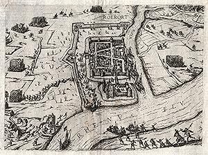 Bild des Verkufers fr Gesamtansicht aus der Vogelschau, "Roerort", (Darstellung der Eroberung der von Schenk besetzten Stadt durch die Truppen des Frsten v. Jlich Jan. 1587). zum Verkauf von Antiquariat Clemens Paulusch GmbH