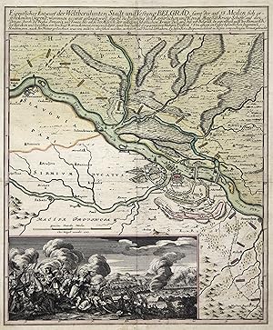 Bild des Verkufers fr Karte der Umgebung von Belgrad mit Darstellung der Stellungen der kaiserl. Armee 1717, "Eigentlicher Entwurf der Weltberhmten Stadt und Vestung Belgrad, samt der auf 13 Meilen sich erstreckender Gegend .". zum Verkauf von Antiquariat Clemens Paulusch GmbH