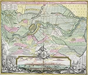 Gesamtansicht, (11 x 36 = "Die Stadt Bremen" ), darüber Umgebungskarte mit Stadtgrundriß "Prospec...