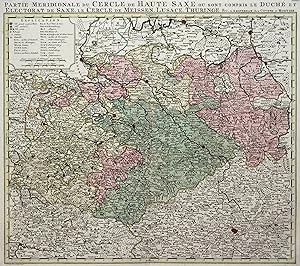 Bild des Verkufers fr Kupferstich- Karte, v. L. Schenk / J. Soon b. Covens & Mortier, "Partie Meridionale du Cerle de Haute Saxe ou sont compris de Duch et Electorat de Saxe, Le Cercle de Meissen, Lusace, Thuringe, & cc". zum Verkauf von Antiquariat Clemens Paulusch GmbH