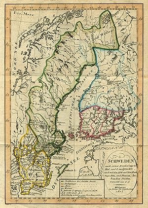 Bild des Verkufers fr Kupferstich- Karte, n. F.G. im Geo. Institut Weimar, "Schweden nach seiner Eintheilung in Hof- und Landgerichte und mit den 104 auf dem Reichstage Sitz- und Stimmhabenden Stdten". zum Verkauf von Antiquariat Clemens Paulusch GmbH