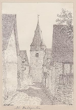 Bild des Verkufers fr Teilansicht, Gasse mit Kirche. zum Verkauf von Antiquariat Clemens Paulusch GmbH