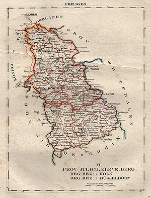 Lithografie- Karte, aus Schliebens Atlas von Europa, "Prov. Jülich - Kleve - Berg. Reg. Bez. 1. K...