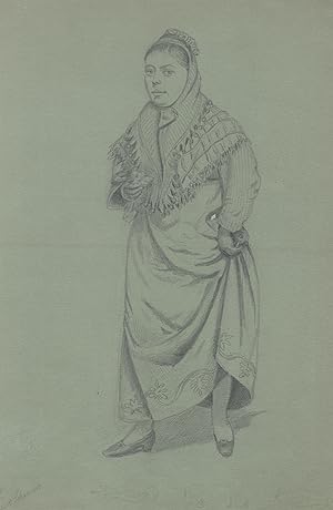 Bild des Verkufers fr Stehende Frau in Tracht, das Kleid leicht geschrzt. zum Verkauf von Antiquariat Clemens Paulusch GmbH