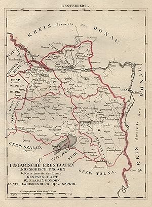 Seller image for Lithografie- Karte, aus Schliebens Atlas von Europa, "C. Ungarische Erbstaaten. I) Knigreich Ungarn. b) Kreis jenseits der Donau. Gespannschaft 16) Raab 17) Komorn 18) Suhlweissenburg. 19) Weszprim". for sale by Antiquariat Clemens Paulusch GmbH