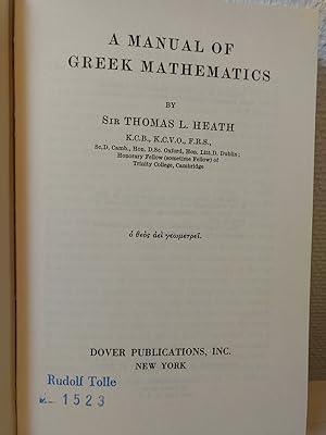Bild des Verkufers fr A Manual of Greek Mathematics zum Verkauf von PlanetderBuecher