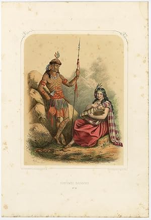 Antique Costume Print of Indian People by A. Lacouchie (c.1850)