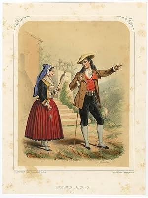 Antique Costume Print of Basque Country by A. Lacouchie (c.1850)