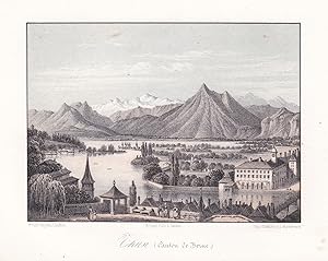 Bild des Verkufers fr Chun. (Canton de Berne.)" - Kanton Bern Panorama Ansicht vue Farblithographie Lithographie Suisse Schweiz zum Verkauf von Antiquariat Steffen Vlkel GmbH