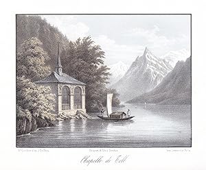 Bild des Verkufers fr Chapelle de Tell" - Tellskapelle Kanton Uri Panorama Ansicht vue Farblithographie Lithographie Suisse Schweiz zum Verkauf von Antiquariat Steffen Vlkel GmbH