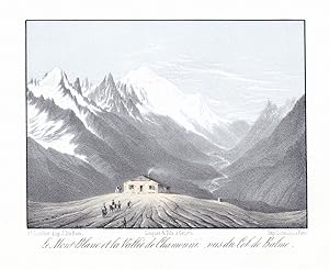 Bild des Verkufers fr Le Mont Blanc et la Vallee de Chamonix, vus du Col de Balme." - Mont Blanc Chamonix Frankreich France Panorama Ansicht vue Farblithographie Lithographie zum Verkauf von Antiquariat Steffen Vlkel GmbH