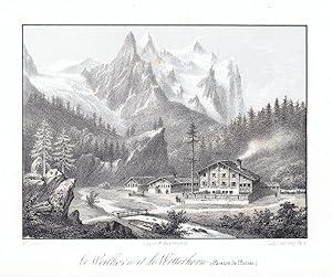 Bild des Verkufers fr Le Weilhorn et le Wetterhorn (Canton de Berne)" - Weilhorn Wetterhorn Kanton Bern Berne Schweiz Suisse Panorama Ansicht vue Farblithographie Lithographie zum Verkauf von Antiquariat Steffen Vlkel GmbH