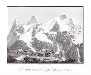 Bild des Verkufers fr La Jungfrau vue de la Wengen alp (Canton de Berne)" - Jungfrau Berg Kanton Bern Berne Schweiz Suisse Panorama Ansicht vue Farblithographie Lithographie zum Verkauf von Antiquariat Steffen Vlkel GmbH