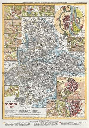 Provinz Sachsen 1838. Kolorierte Original-Stahlstichkarte. Karte der Provinz, eingerahmt von Umge...