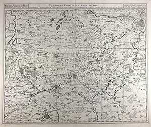 Imagen del vendedor de Flandriae Comitatus Pars Media. Comprehendens Castellanium Yprensem, Cortracensem, Aldenardensem. Per Nicol. Visscher Amst. Bat. cum Privil. Ord. Gen. Belg. Foed.(Original-Kupferstichkarte). a la venta por Antiquariat Heiner Henke