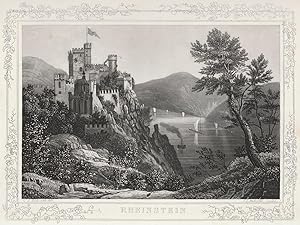 Imagen del vendedor de Rheinstein. (Ansicht der Burg, mit Segelschiffen u. einem Raddampfer auf dem Fluss). Original-Aquatinta. a la venta por Antiquariat Heiner Henke