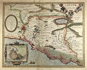 Latium. Ex Conatibus Geographicus Ortelii Antverp., 1595. Altkolor. Kupferstichkarte mit 2 Kartus...