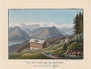 Vue de l'Auberge du Kalt Bad sur le mont de Righi. Altgouachierte Original-Aquatinta-Radierung.