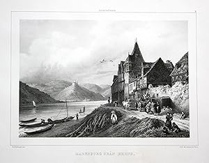 Bild des Verkufers fr Marksburg fran Rhens" - Marksburg Braubach Burg Rhein Rheinland-Pfalz Lithographie lithograph Litho zum Verkauf von Antiquariat Steffen Vlkel GmbH