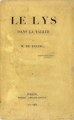 Image du vendeur pour Le Lys dans la Valle. mis en vente par Librairie Camille Sourget