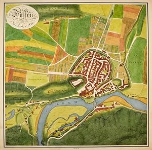 FÜSSEN. "Füssen im Jahre 1820". Stadtplan mit der Umgebung, unten der Lech.