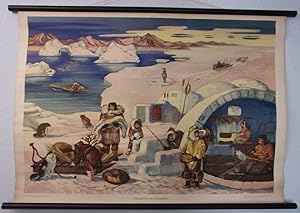 Eskimos im Polargebiet auf Leinenuntergrund, mit Holzklemmstäben und Aufhängkordel.