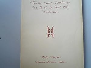 Image du vendeur pour Vente aux Encheres, 28-29 Aout 1933 a Lucerne. Autographes, Manuscrits Enlumines, Incunables, Livres Illustres du XVIe au XVIIIe Sicle, Editions Originales Francaises du XIXe Sicle, Ouvrages dInternet Musical, Editions de Luxe Modernes, gravures, Helvetica. mis en vente par Antiquariat Bookfarm