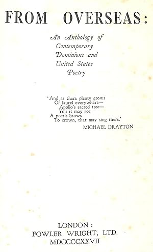 Bild des Verkufers fr From Overseas: A n Anthology of Contemporary Dominions and United States Poetry. zum Verkauf von WeBuyBooks