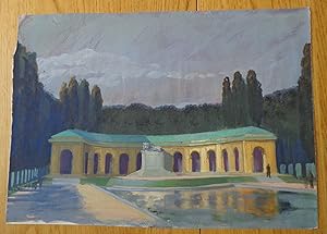 Gouache. Architecture, pavillon avec sculpture de lion.