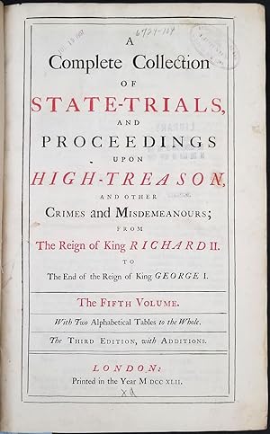 Bild des Verkufers fr A complete collection of state-trials, and proceedings upon high-treason, and other Crimes and Misdemeanours; from the reign of King Richard II. To The End of the Reign of King George I. The Fifth Volume only. Pirate trials of Capt.s Kidd, Kirkby & Green zum Verkauf von Antipodean Books, Maps & Prints, ABAA