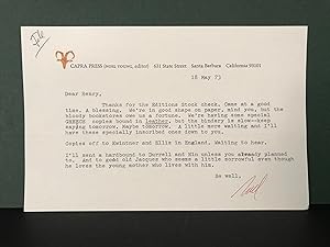 Typed Letter Signed to Henry Miller - From Editor Noel Young at Capra Press - 18 May 1973 [Signed]