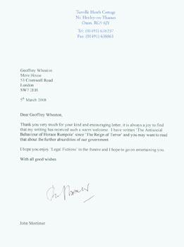 ALS John Mortimer to Rev. Geoff Wheaton, 5th March, 2008. John Mortimer was author of the Rumpole...