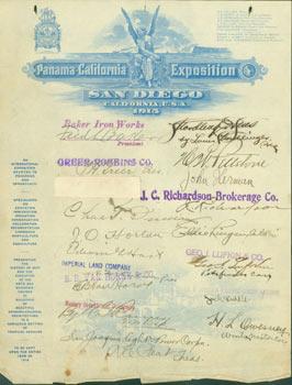 Bild des Verkufers fr Panama-California Exposition, San Diego, California, 1915. Official Letterhead Signed by dignitaries and important citizens. zum Verkauf von Wittenborn Art Books