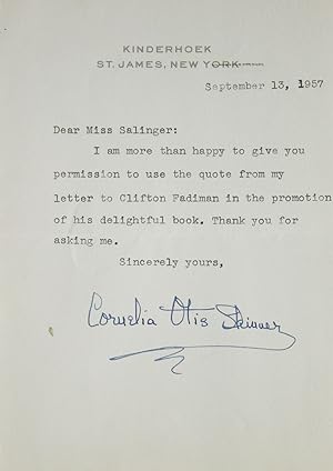 Seller image for Typed letter signed ("Cornelia Otis Skinner") to a Miss Salinger for sale by The Old Mill Bookshop