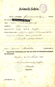 Heimath-Schein für Johann K. (Original-Urkunde).