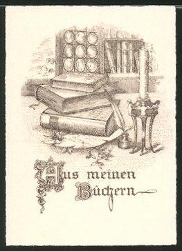 Bild des Verkufers fr Exlibris Aus meinen Bchern, Bcher, Kerzenstnder und Schreibfeder zum Verkauf von Bartko-Reher