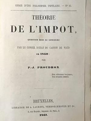 Immagine del venditore per Thorie de l'impot, question mise au concours par le conseil d'tat du canton de Vaud en 1860. venduto da Gabriele Maspero Libri Antichi