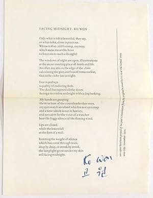 Bild des Verkufers fr Facing Midnight [signed broadside] zum Verkauf von Bolerium Books Inc.