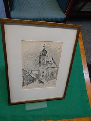 Motiv: Oberpfälzer Dorfkirche im Winter. (Landkreis Amberg?). Original- Bleistift- Tusche Skizze....