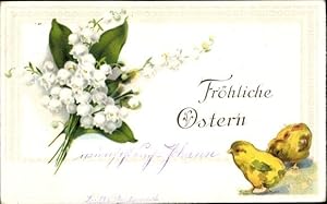 Präge Ansichtskarte / Postkarte Glückwunsch Ostern, Küken, Maiglöckchen