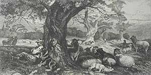 Seller image for The Park'. Shepherd and dog sitting by tree trunk, with flock of sheep in parkland. for sale by R.G. Watkins Books and Prints