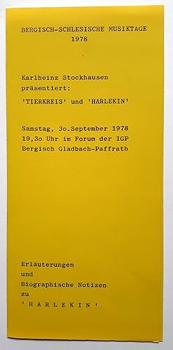 Bild des Verkufers fr Karlheinz Stockhausen prsentiert Tierkreis und Harlekin - Bergisch-Schlesische Musiktage 1978 - Erluterungen und Biographische Notizen zu den Stcken - 2 Dokumente zum Verkauf von Verlag IL Kunst, Literatur & Antiquariat