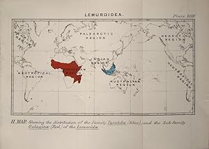 Bild des Verkufers fr Monkeys. Map II. Lemuroidea. Showing the distribution of the Family Tarsiida and Sub-family zum Verkauf von theoldmapman