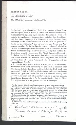 Seller image for Das "Geistliche Gesetz": Rm 7, 14 in der Auslegung der griechischen Vter; Sonderdruck aus: k. A. for sale by books4less (Versandantiquariat Petra Gros GmbH & Co. KG)
